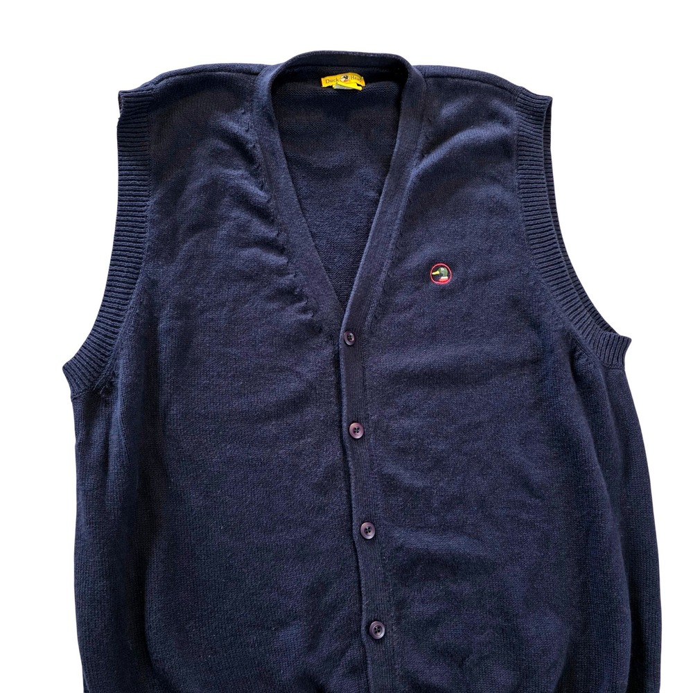 Vtg Duck Head Mens Navy Blue Knit Button Front V-Neck Cardigan Sweater Vest LG